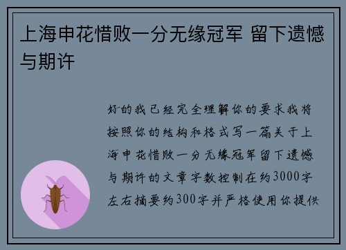 上海申花惜败一分无缘冠军 留下遗憾与期许